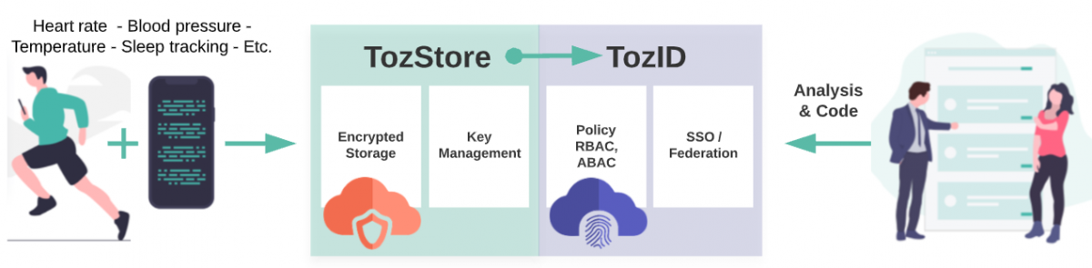 Illustration of a man running with with an app tracking Hear Rate, Blood Pressure, Temperature, Sleep, flowing into TozStore and out to TozID. On the opposite side flowing left are two people analyzing the code back into TozID and TozStore