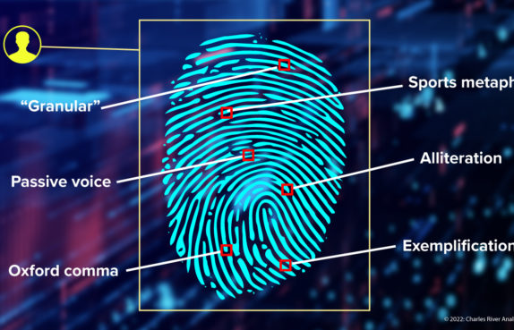 Finger print with grammar attributes, granular, sports metaphor, passive voice, alliteration, oxford comma, exemplification