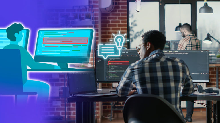 Photo of a man using a computer looking to his left at an AI rendering of a person at a computer.