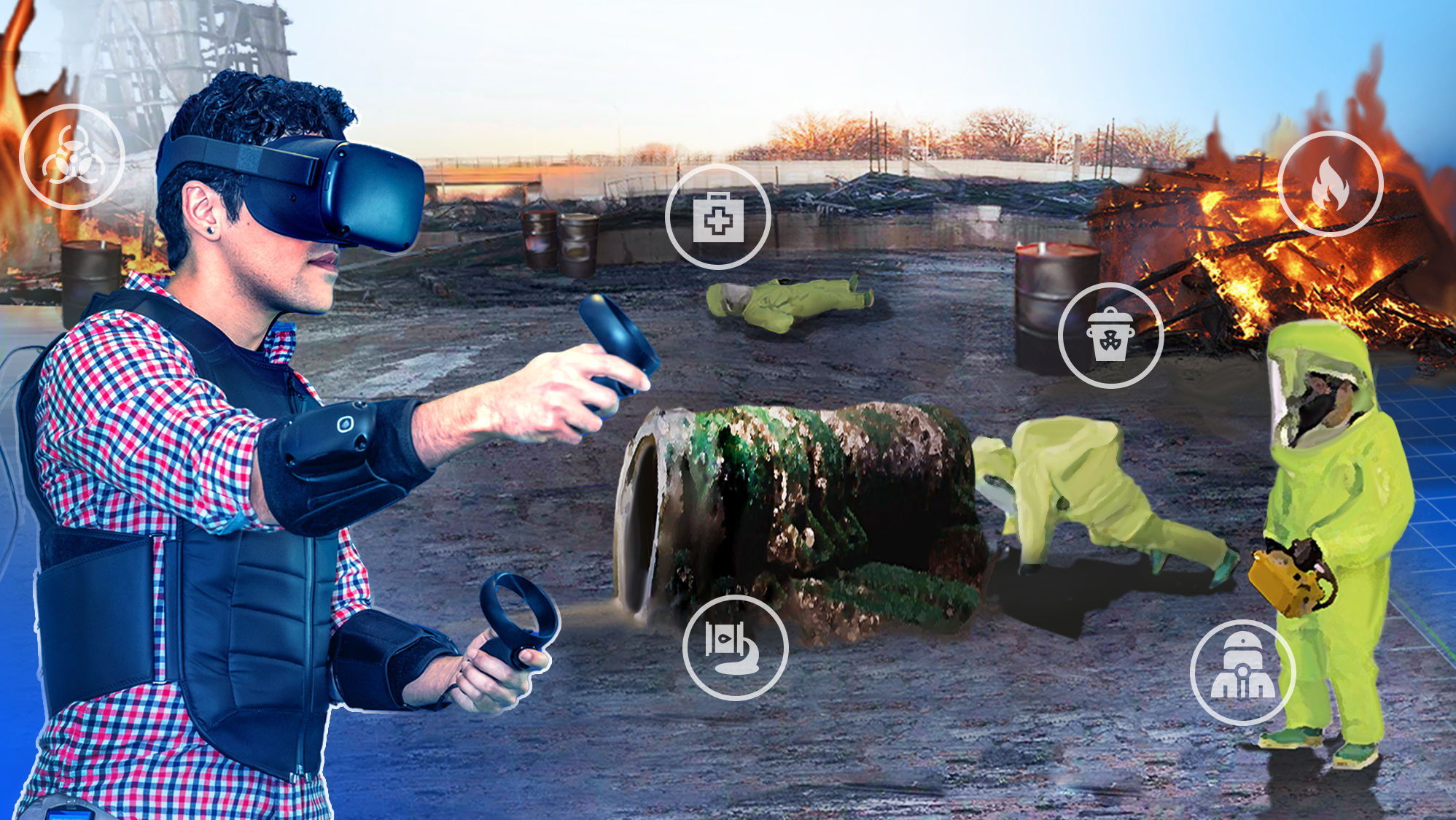 Virtual Reality (VR) image of spilled toxic waste being cleaned by workers in hazmat overalls. In the foreground a trainee with VR equipment is participating in the training.