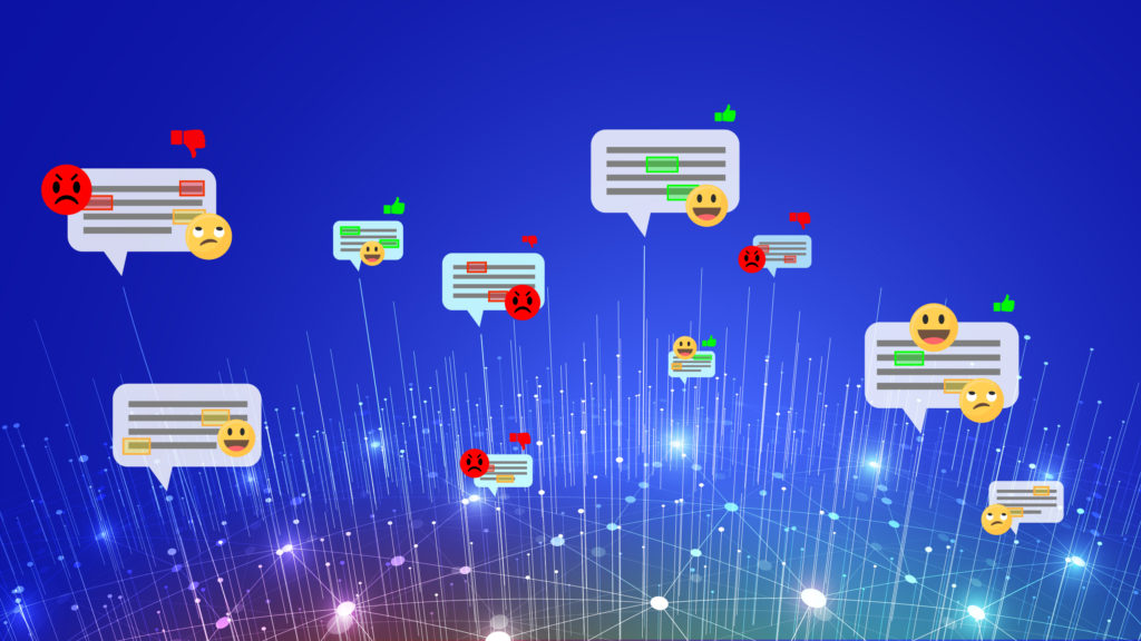 Illustration of message call outs being given the a thumbs up or thumbs down. Additional indicators provided with various face emojis, happy, side, confused, etc.