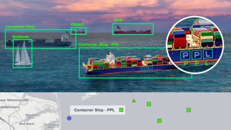 Various ships and boats on water with inset map below. Vessels are being identified and tagged: Contrainer Ship, Sailboat, Object, Ship. One is Tagged as Container Ship - PPL. Text was recognized on vessel.